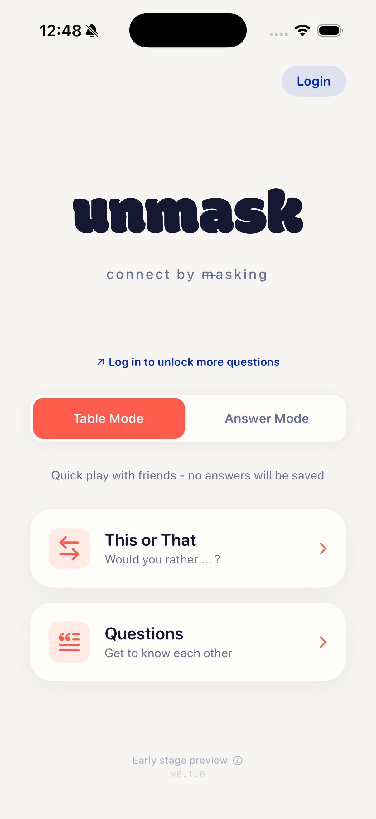 unmask Home screen